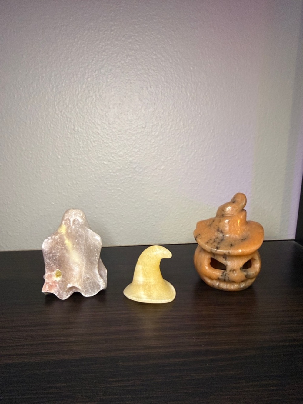 Hand Carved Stone Halloween Trio - Ghost, Witch Hat, Jack-o'-Lantern